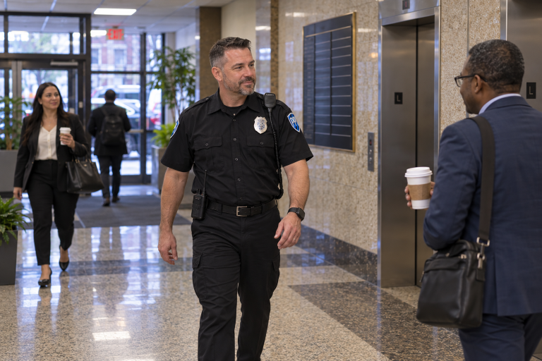 ProGuard officer on patrol in an office building lobby in Queens