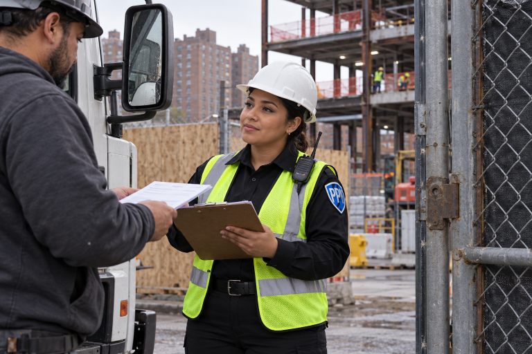 ProGuard officer in a hi-vis vest and hard hat checking in a delivery at a construction site gate