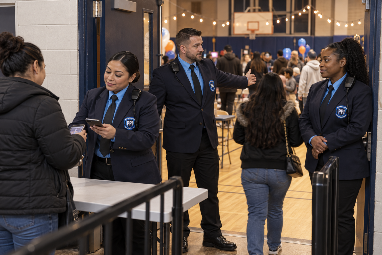 ProGuard officers in navy blazers managing entry at a community event