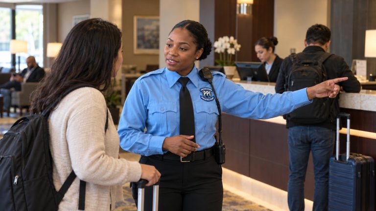 ProGuard officer in a light blue uniform at her hotel lobby post, directing a guest near the front desk