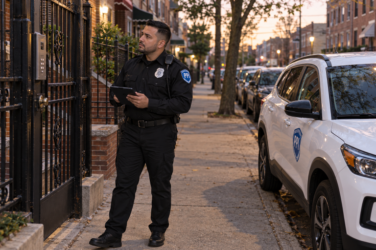 ProGuard mobile patrol officer checking a property gate beside a patrol vehicle