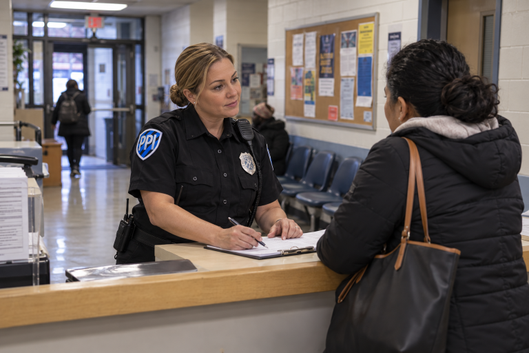 ProGuard officer assisting a visitor at a shelter check-in desk