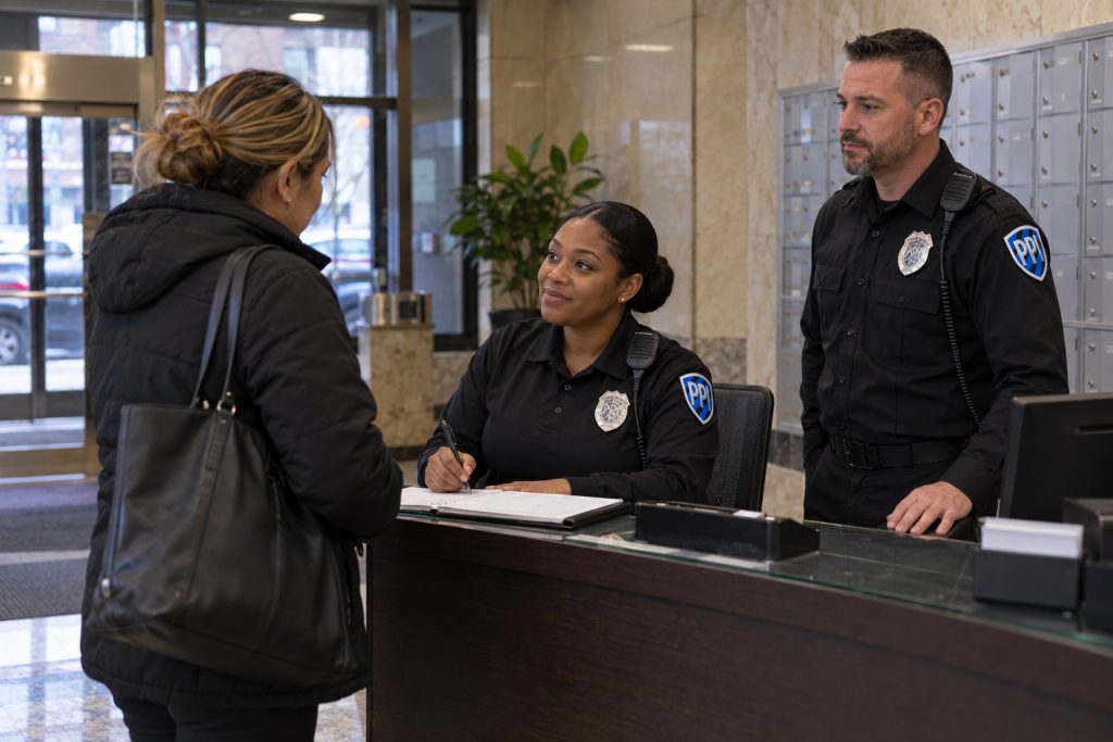 Two ProGuard officers in uniform at a residential lobby security desk in the Bronx